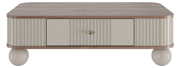 Stolik kawowy Vesper 103x60 cm z szufladą - kaszmir / orzech / złote uchwyty / nogi kule