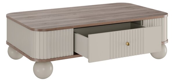 Stolik kawowy Vesper 103x60 cm z szufladą - kaszmir / orzech / złote uchwyty / nogi kule