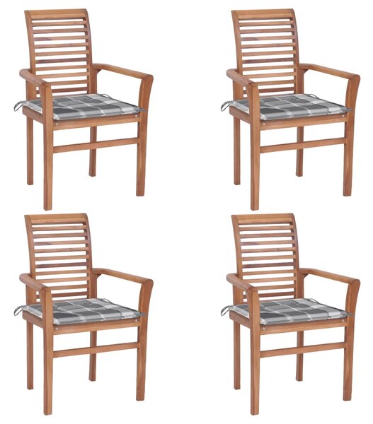 Krzesła stołowe, 4 szt., poduszki w szarą kratę, drewno tekowe