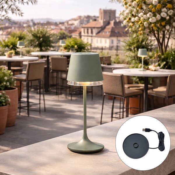 Lampa stołowa zielona z LED IP65, ładowalna ze stacją ładującą - Bass