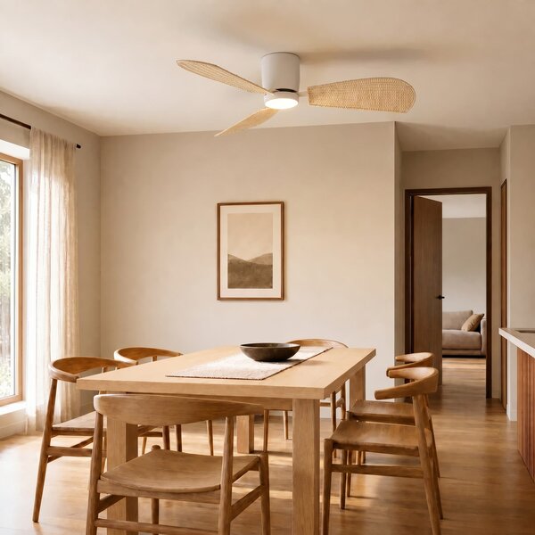 Wentylator sufitowy LED Faipari z oświetleniem, biały/rattanowy, 132 cm, DC – Lucande, Faipari, drewniany, salon, drewno, nowoczesny
