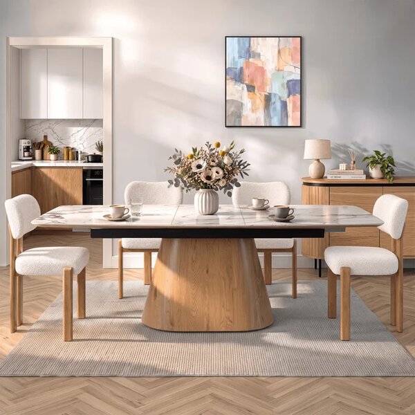 Stół Rozkładany Prostokątny LIZBONA 160-200 cm Ceramiczny Biały/Dąb do Jadalni Skandynawski