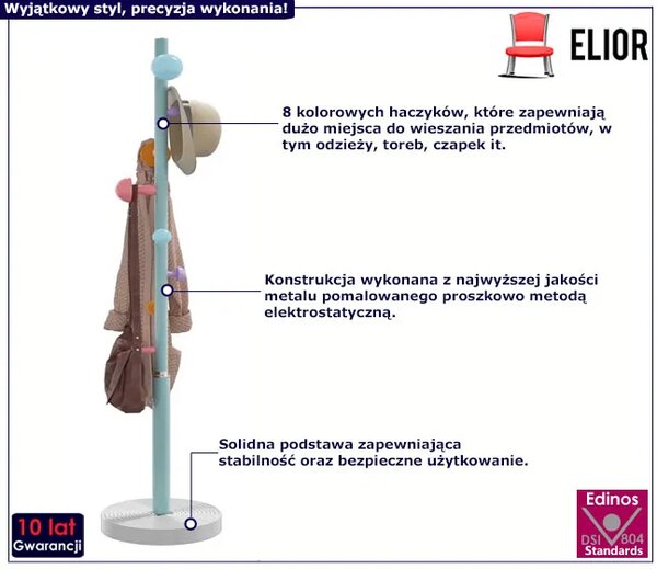 Niebieski metalowy stojący wieszak z 8 haczykami N3-P58