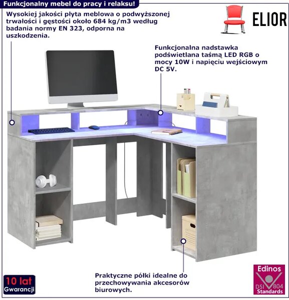 Duże narożne biurko komputerowe z LED szarość betonu Z4-G97