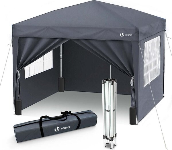 Altana VOUNOT® 3x3 m z 4 ściankami bocznymi i 4 workami z piaskiem, altana typu pop-up, składana altana ogrodowa/imprezowa, w zestawie torba, kolor szary