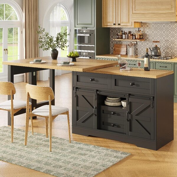 Wyspa kuchenna z rozkładanym blatem, wymiary 120-197 x 40 x 72 cm, wykonana z MDF w kolorze czarnym i imitująca drewno dębowe, z miejscem do przechowywania dla kuchni i jadalni