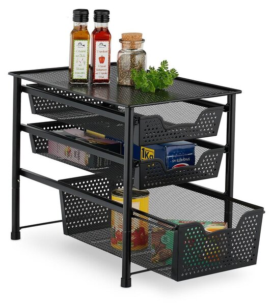 Organizer kuchenny - Trzy wysuwane kosze - Metal - Czarny - 35 x 28 x 42,5 cm