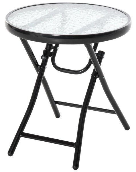 Zimilo Okrągły stolik składany, stolik ogrodowy lub pomocniczy z szklanym blatem, Ø45 cm, metalowy, na balkon, taras i na zewnątrz, czarny