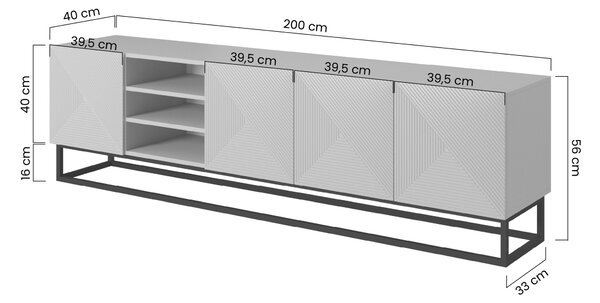 Szafka RTV Asha 200 cm ryflowana z wnęką i czarnym stelażem - kaszmir