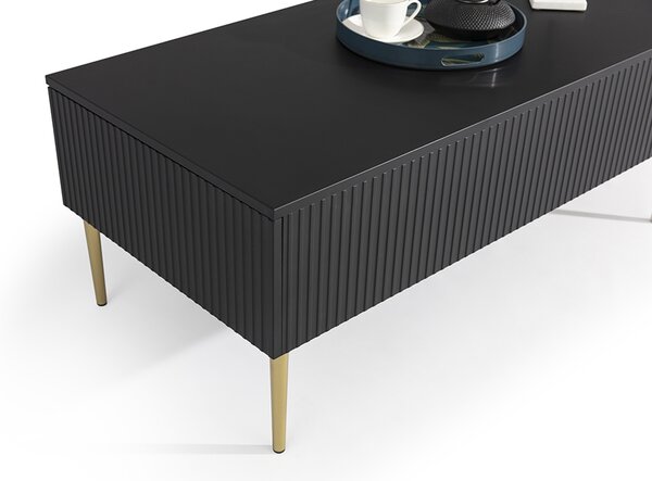 Stolik kawowy Nicole 120 cm z szufladami i metalowymi nogami - czarny mat / złote nóżki