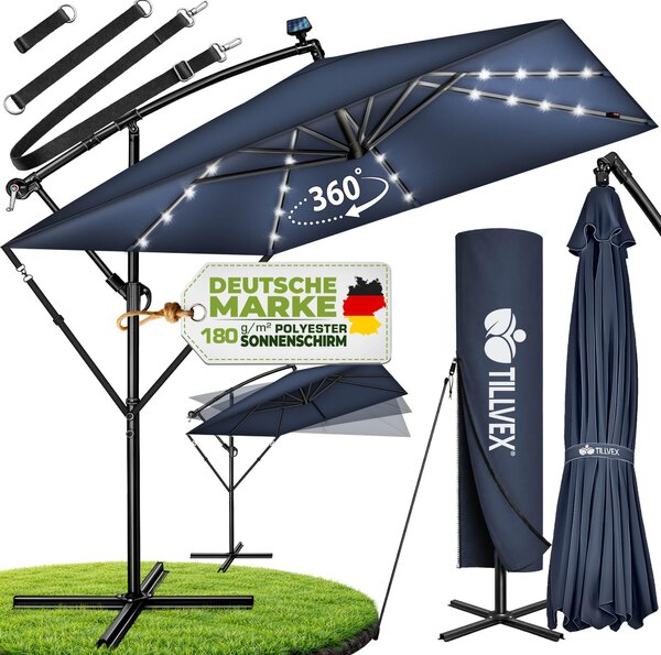 Tillvex® Aluminiowy parasol prostoktny Ø 330 cm z LED solar granatowy + pokrowiec z korbk | parasol wspornikowy ze stojakiem i wiatrochronem | parasol ogrodowy z ochron UV, wodoodporny, obracany o 360° | parasol rynkowy na korbk