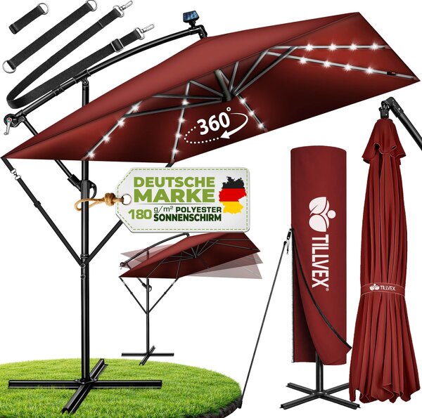 Tillvex® Aluminiowy parasol prostoktny Ø 330 cm z czerwon diod LED + pokrowiec z korbk | parasol wspornikowy ze stojakiem i wiatrochronem | parasol ogrodowy z ochron UV, wodoodporny, obracany o 360° | parasol rynkowy z korbk