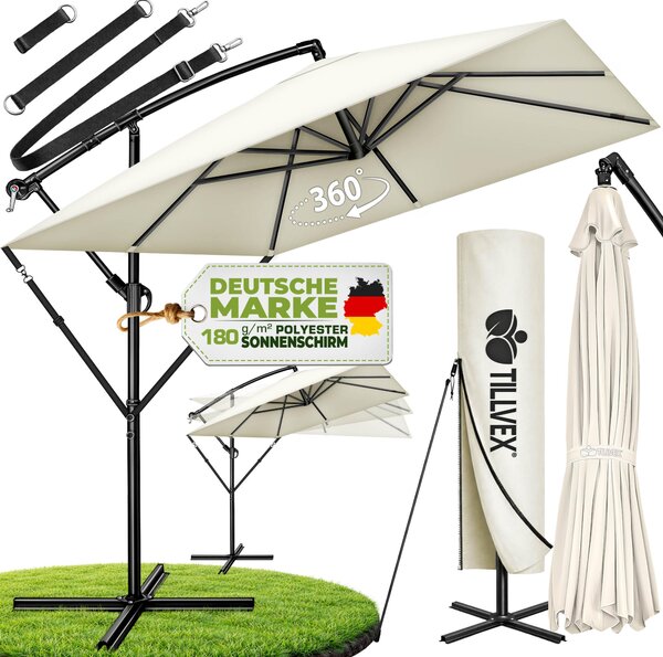 Tillvex® Aluminiowy parasol Prostoktny Ø 330 cm Beowy + pokrowiec z korbk | Kwadratowy parasol wspornikowy ze stojakiem i wiatrochronem | Parasol ogrodowy Ochrona UV aluminium | Parasol z korbk Wodoodporny 360° obrotowy