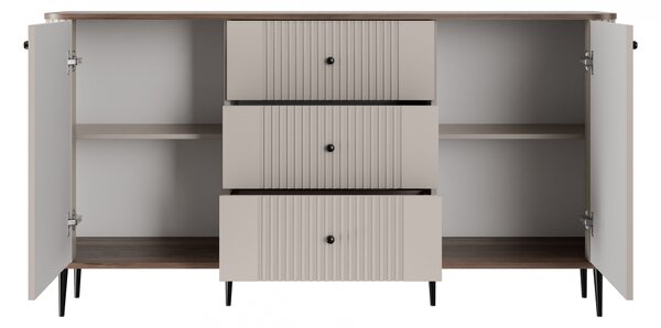 Komoda Vesper 160 cm z szufladami na nóżkach - kaszmir / orzech / czarne nogi
