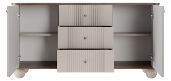 Komoda Vesper 160 cm z szufladami na kulach - kaszmir / orzech / złote uchwyty / nogi kule