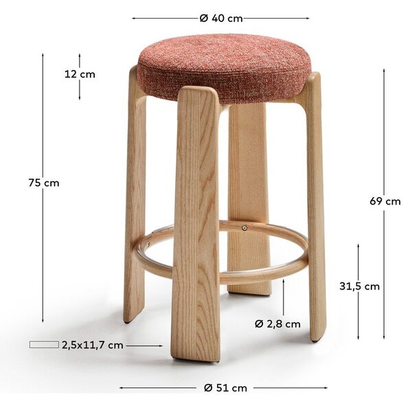 Hoker z litego drewna jesionowego w ceglasto-ciemnonaturalnym kolorze (wysokość siedziska 75 cm) Granite – Kave Home
