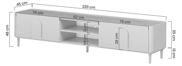 Szafka RTV Amilio 220 cm z szufladą na nóżkach - kaszmir / dąb olejowany / uchwyty dąb jasny