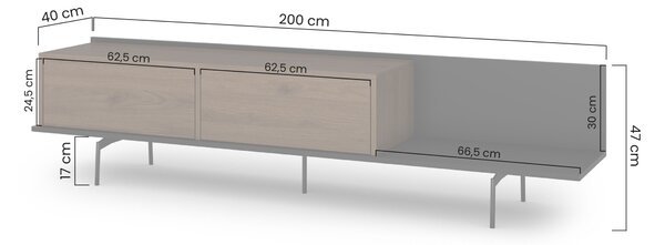 Szafka RTV Zenar 200 cm z metalowymi nogami - orzech elegant / czarny