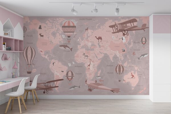 Fototapeta Mapa świata z samolotami i balonami na ogrzane powietrze, Popularna Fototapeta, Popularna Fototapeta, u36066v6 - Muralas.pl
