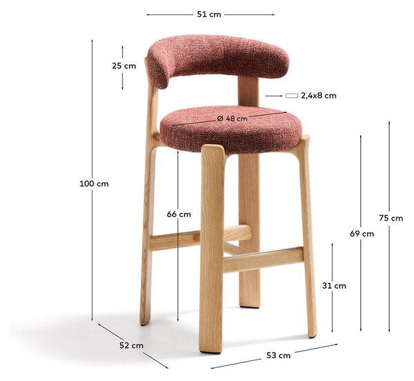 Hoker z litego drewna jesionowego w ceglasto-naturalnym kolorze (wysokość siedziska 75 cm) Granite – Kave Home