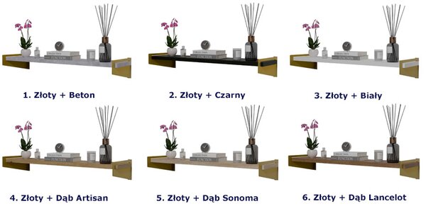 Wisząca półka z metalowymi wspornikami złoty + dąb lancelot R3-S88