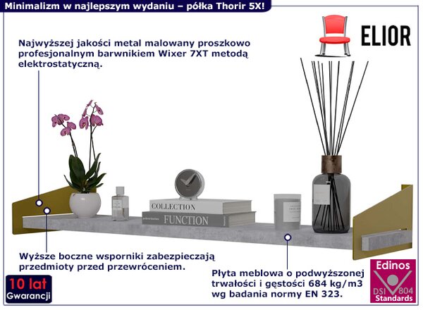 Nowoczesna półka ścienna złoty + beton F9-E65