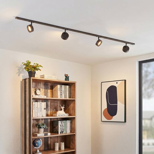 System szynowy Lindby Linaro, średnica 9,5 cm, 4-punktowy, LED, czarny Linaro, czarny, biuro, aluminium, nowoczesny