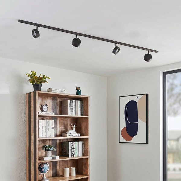 System szynowy Lindby Linaro, średnica 9,5 cm, 4-punktowy, LED, czarny Linaro, czarny, biuro, aluminium, nowoczesny