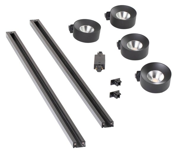 System szynowy Lindby Linaro, średnica 9,5 cm, 4-punktowy, LED, czarny Linaro, czarny, biuro, aluminium, nowoczesny