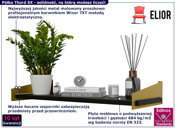 Nowoczesna wisząca półka z metalowym stelażem złoty + czarny - Thord 5X