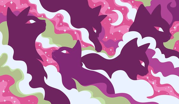 Fototapeta Fioletowy kot z białymi i zielonymi chmurami oraz gwiazdami, Fototapety z zwierzętami, Popularne Fototapety - Tapeko.pl