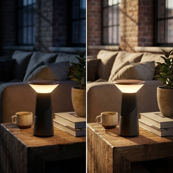Briloner Lampa stołowa LED z akumulatorem Pilia, brązowo-antracytowa, wysokość 24 cm IP44 Pilla, możliwość ściemniania, salon / jadalnia, tworzywo sztuczne, nowoczesny