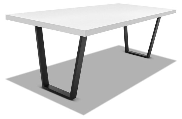 Stół jadalny z drewna i metalu o wymiarach 220x100 cm z nogami w kształcie trapezu i białym blatem w kolorze drewna