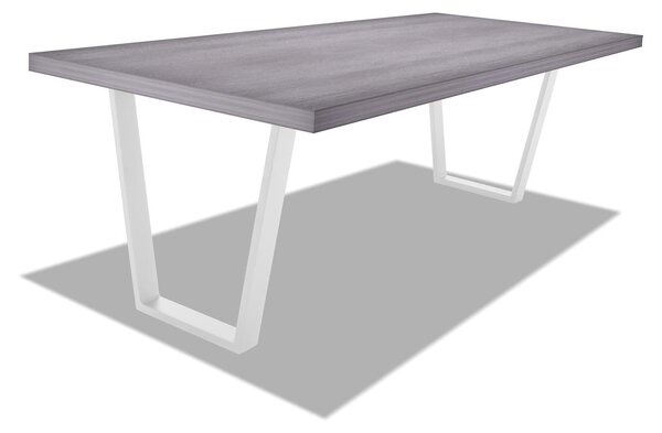 Stół jadalny z drewna i metalu z białymi trapezowymi nogami - 220x100 cm