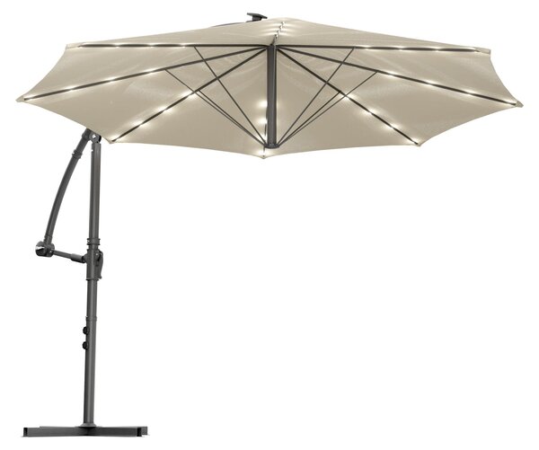Solomoon - Parasol ogrodowy z przesuniętym środkiem, ø 350 cm, z 32 diodami LED zasilanymi energią słoneczną i korbą ze stali beżowej