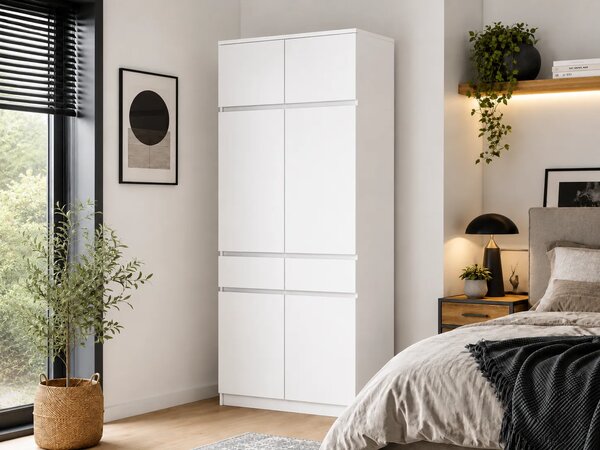 Biała minimalistyczna dwudrzwiowa szafa z nadstawką 100 cm K6-T48