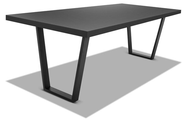 Stół jadalny z drewna i metalu o wymiarach 160x90 cm z nogami w kształcie trapezu i blatem w kolorze czarnego drewna