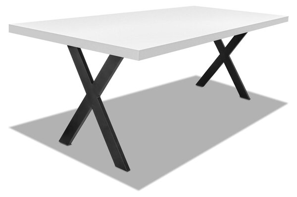 Stół jadalny z drewna i metalu o wymiarach 220x100 cm z nogami w kształcie litery "X" i białym blatem w kolorze drewna