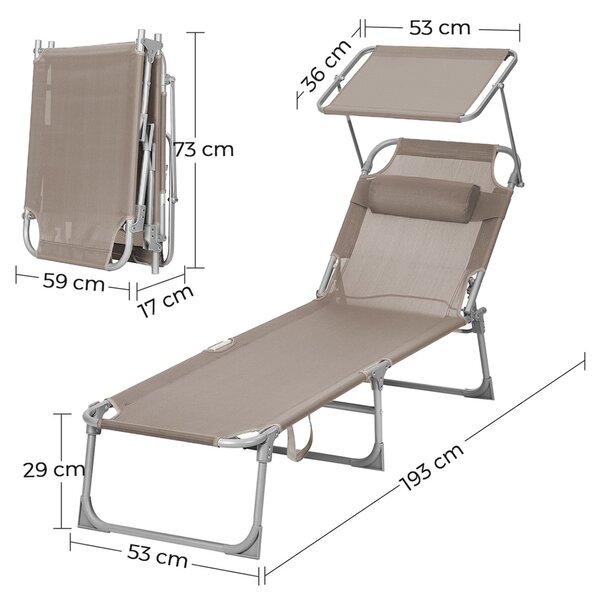 Leżak ogrodowy LAGUNA z regulowanym daszkiem, 193x53x29cm, brązowo-szary (taupe) SongmicsHome
