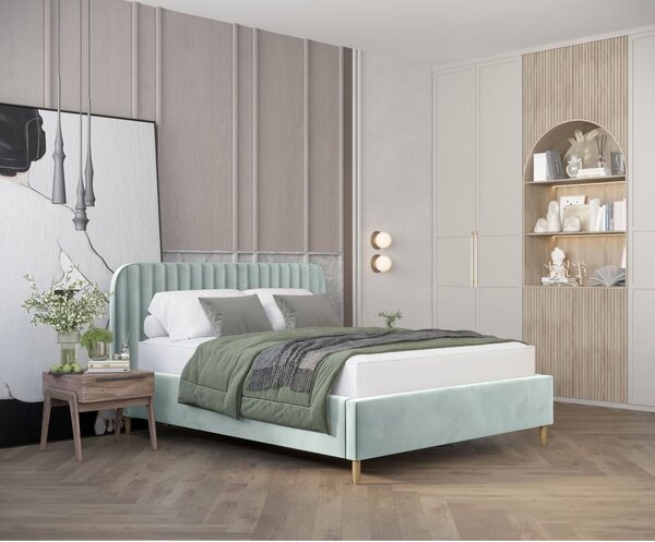 Miętowe tapicerowane łóżko dwuosobowe ze schowkiem i stelażem 160x200 cm Noto – Maison de Rêve