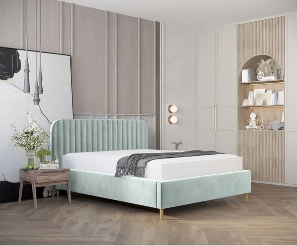 Miętowe tapicerowane łóżko dwuosobowe ze schowkiem i stelażem 160x200 cm Noto – Maison de Rêve