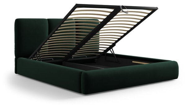 Ciemnozielone aksamitne tapicerowane łóżko dwuosobowe ze schowkiem i stelażem 180x200 cm Brody – Mazzini Beds
