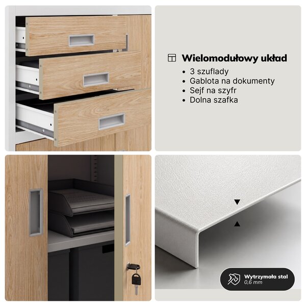 Biurowa szafa metalowa z sejfem biała, dąb sonoma, 900x1850x400 mm: FILIP II Eco Design