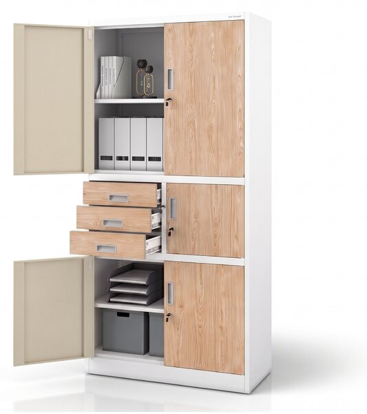 Biurowa szafa metalowa z sejfem biała, dąb sonoma, 900x1850x400 mm: FILIP II Eco Design