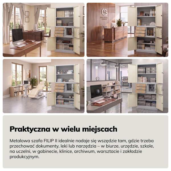 Biurowa szafa metalowa z sejfem biała, dąb sonoma, 900x1850x400 mm: FILIP II Eco Design
