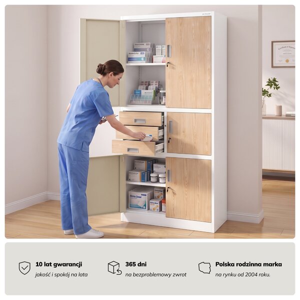 Biurowa szafa metalowa z sejfem biała, dąb sonoma, 900x1850x400 mm: FILIP II Eco Design