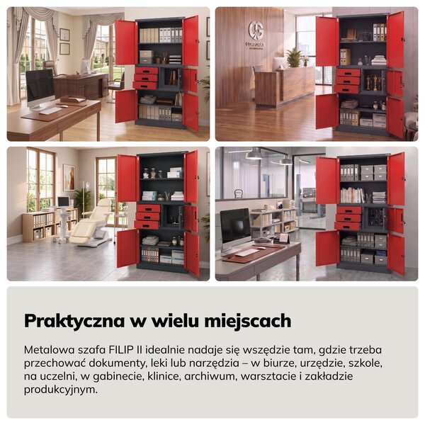 Biurowa szafa metalowa z sejfem antracytowo-czerwona, 900x1850x400 mm: FILIP II
