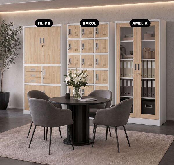 Biurowa szafa metalowa z sejfem biała, dąb sonoma, 900x1850x400 mm: FILIP II Eco Design