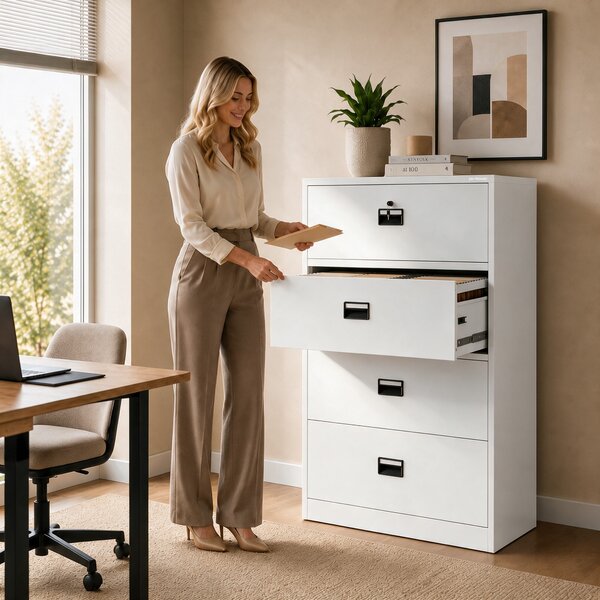 Szafa kartotekowa metalowa z 4 szufladami biała, 900x1320x600 mm: SARA XL V4