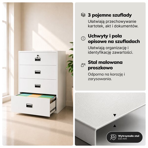 Szafa kartotekowa metalowa z 4 szufladami biała, 900x1320x600 mm: SARA XL V4